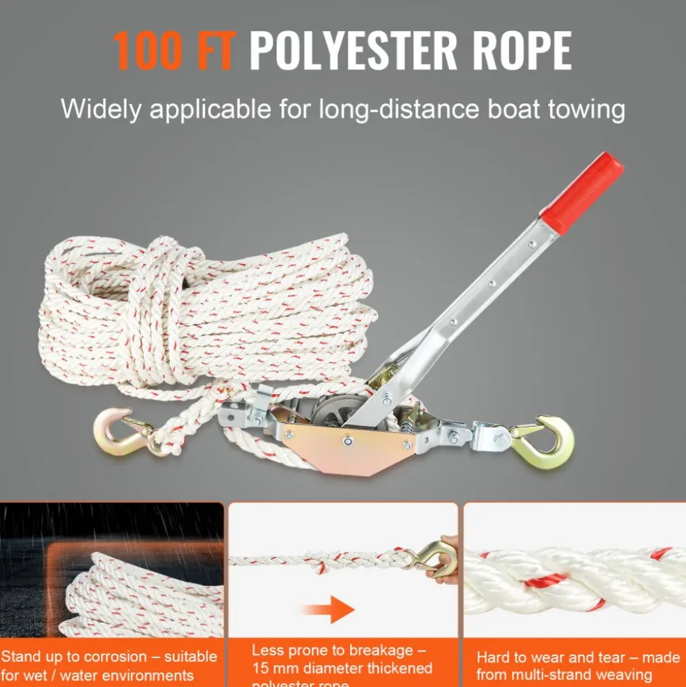 VEVOR Rope Puller, 3/4 Ton (1,653 lbs) Pulling Capacity, with 100' of 0.6" dia. Rope, 2 Hook, Come Along Winch, Heavy Duty Ratchet Power Puller Tool for Moving Boats, Securing Items, Transporting Logs