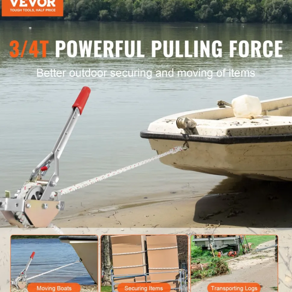 VEVOR Rope Puller, 3/4 Ton (1,653 lbs) Pulling Capacity, with 100' of 0.6" dia. Rope, 2 Hook, Come Along Winch, Heavy Duty Ratchet Power Puller Tool for Moving Boats, Securing Items, Transporting Logs