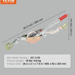 VEVOR Rope Puller, 3/4 Ton (1,653 lbs) Pulling Capacity, with 100' of 0.6