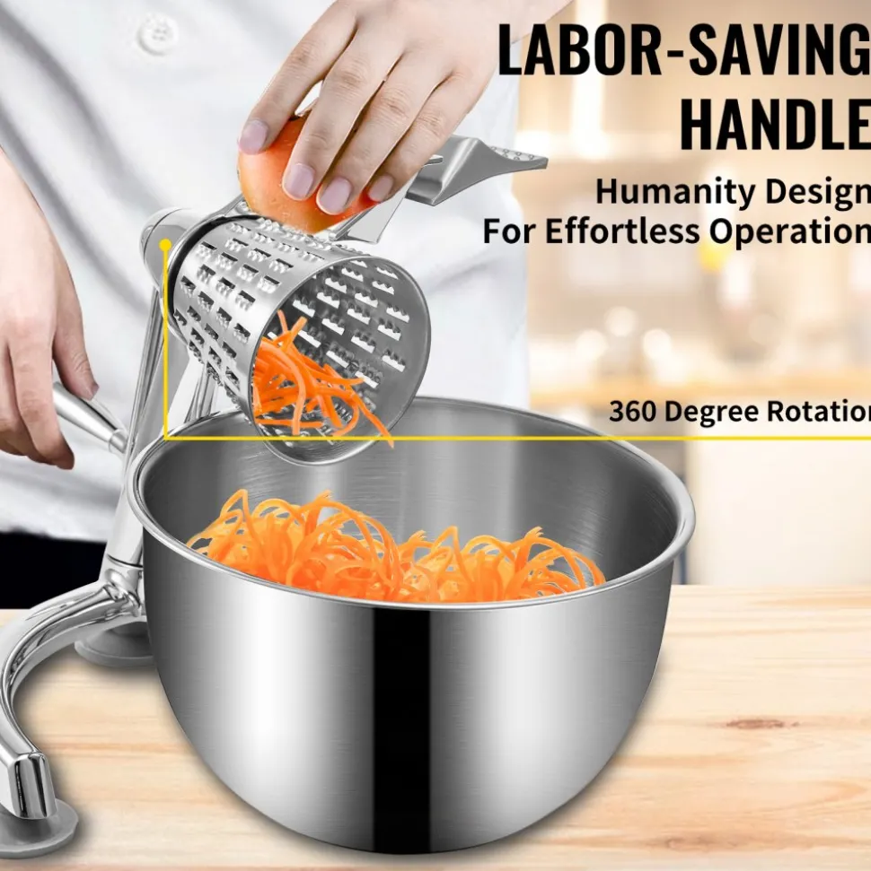 VEVOR Rotary Cheese Grater, Zinc Alloy Rotary Vegetable Mandoline, Manual Cheese Mandoline with 5 Stainless Steel Cutting Cones, Manual Vegetable Grater with 2.5L Bowl, Rotary Shredder with Suction Ba