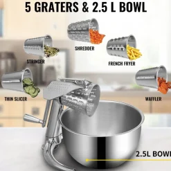 VEVOR Rotary Cheese Grater, Zinc Alloy Rotary Vegetable Mandoline, Manual Cheese Mandoline with 5 Stainless Steel Cutting Cones, Manual Vegetable Grater with 2.5L Bowl, Rotary Shredder with Suction Ba
