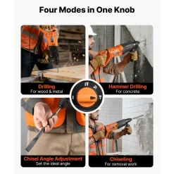 VEVOR Rotary Hammer Drill, 1-1/8 in SDS-Plus Electric Corded Heavy Duty Rotary Hammer, 4 Functions, Including 3 Drill Bits, Flat Chisel, Pointed Chisel, and Carrying Case, for Concrete and Masonry