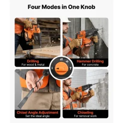 VEVOR Rotary Hammer Drill, 7/8 in SDS-Plus Cordless, 20V Battery Powered Rotary Hammer, Brushless, Including Battery, Charger, 3 Drill Bits, Flat Chisel, Pointed Chisel, Carrying Case, for Concrete