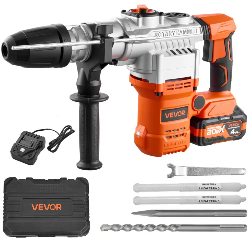 VEVOR Rotary Hammer Drill, 1-9/16 in SDS-Max Cordless, Heavy Duty 20V Battery Powered Rotary Hammer, Including 2 Batteries, Charger, Drill Bit, Pointed Chisel, Carrying Case, for Concrete, Masonry