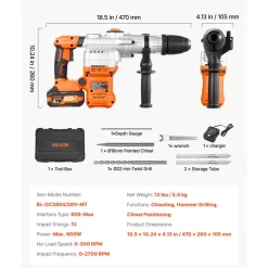VEVOR Rotary Hammer Drill, 1-9/16 in SDS-Max Cordless, Heavy Duty 20V Battery Powered Rotary Hammer, Including 2 Batteries, Charger, Drill Bit, Pointed Chisel, Carrying Case, for Concrete, Masonry