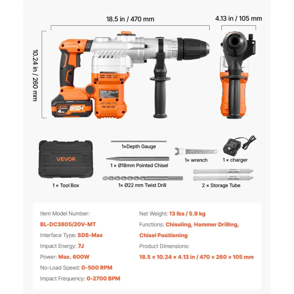 VEVOR Rotary Hammer Drill, 1-9/16 in SDS-Max Cordless, Heavy Duty 20V Battery Powered Rotary Hammer, Including 2 Batteries, Charger, Drill Bit, Pointed Chisel, Carrying Case, for Concrete, Masonry