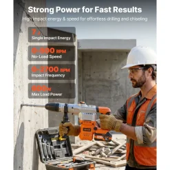VEVOR Rotary Hammer Drill, 1-9/16 in SDS-Max Cordless, Heavy Duty 20V Battery Powered Rotary Hammer, Including 2 Batteries, Charger, Drill Bit, Pointed Chisel, Carrying Case, for Concrete, Masonry