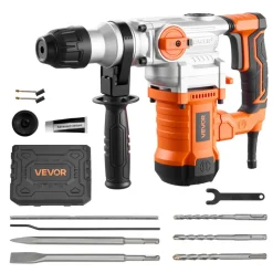 VEVOR Rotary Hammer Drill, 1-1/8 in SDS-Plus Electric Corded Heavy Duty Rotary Hammer, Including 3 Drill Bits, Flat Chisel, Pointed Chisel, Grease, Brush, and Carrying Case, for Concrete and Masonry