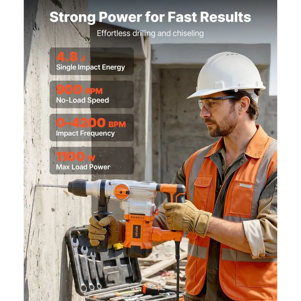 VEVOR Rotary Hammer Drill, 1-1/8 in SDS-Plus Electric Corded Heavy Duty Rotary Hammer, Including 3 Drill Bits, Flat Chisel, Pointed Chisel, Grease, Brush, and Carrying Case, for Concrete and Masonry