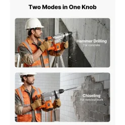 VEVOR Rotary Hammer Drill, 1-1/8 in SDS-Plus Electric Corded Heavy Duty Rotary Hammer, Including 3 Drill Bits, Flat Chisel, Pointed Chisel, Grease, Brush, and Carrying Case, for Concrete and Masonry