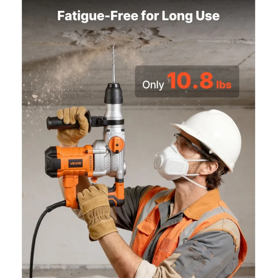 VEVOR Rotary Hammer Drill, 1-1/8 in SDS-Plus Electric Corded Heavy Duty Rotary Hammer, Including 3 Drill Bits, Flat Chisel, Pointed Chisel, Grease, Brush, and Carrying Case, for Concrete and Masonry
