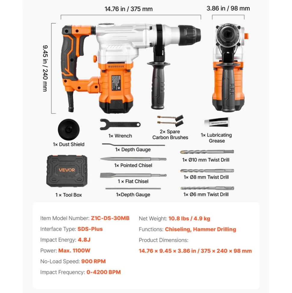 VEVOR Rotary Hammer Drill, 1-1/8 in SDS-Plus Electric Corded Heavy Duty Rotary Hammer, Including 3 Drill Bits, Flat Chisel, Pointed Chisel, Grease, Brush, and Carrying Case, for Concrete and Masonry