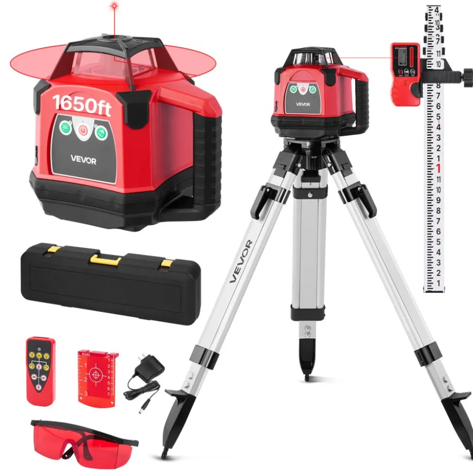 VEVOR Rotary Laser Level Kit, 2000ft 360-Degree Self Leveling Green Horizontal Laser Transit,with Tripod,Receiver,Remote Control, Scale, Toolcase, IP66 Rating Waterproof, 0.80in/100ft for Construction