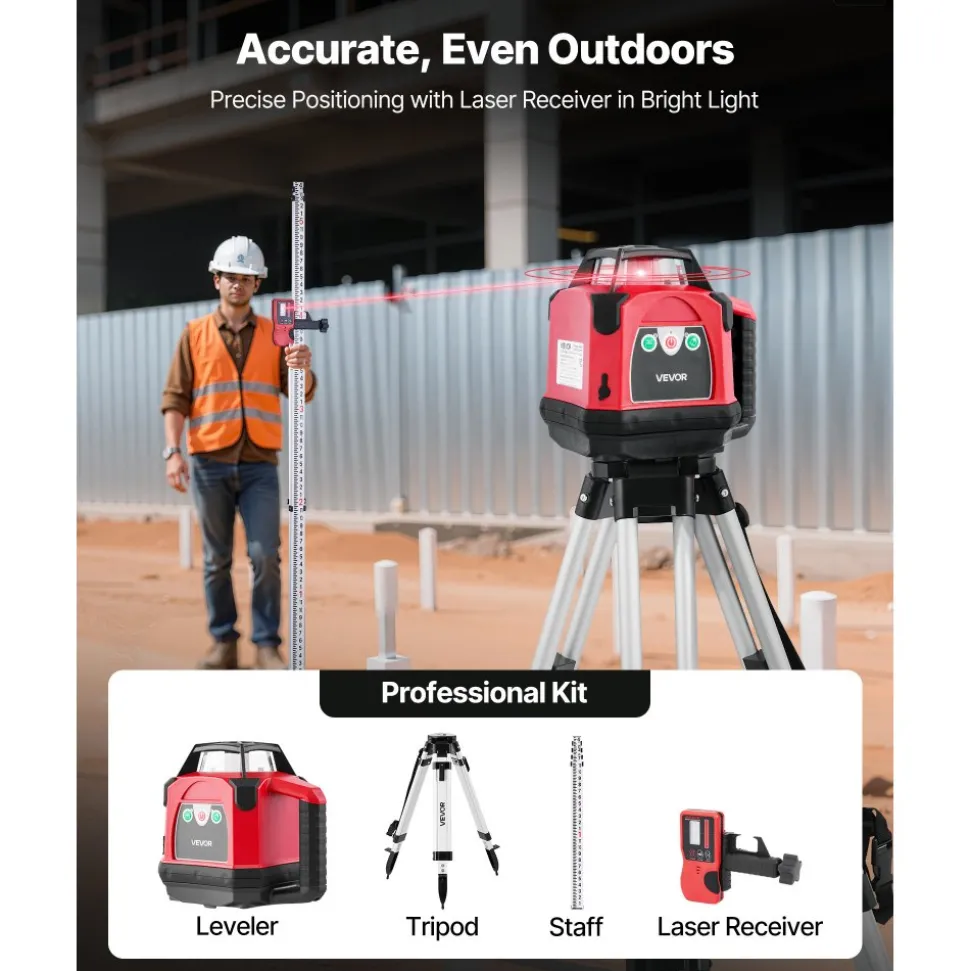VEVOR Rotary Laser Level Kit, 2650ft 360-Degree Self Leveling Red Horizontal Laser Transit,with Heavy-duty Tripod, Receiver, Remote Control, Toolcase, IP66 Waterproof, 0.06in/100ft for Construction