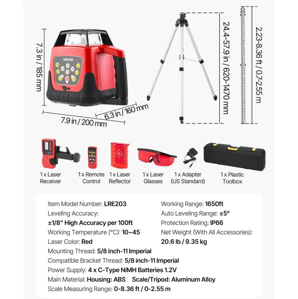 VEVOR Rotary Laser Level Kit, 1650ft 360-Degree Self Leveling Red Horizontal Laser Transit,with Tripod,Receiver,Remote Control, Scale,Toolcase, IP66 Waterproof, 0.80in/100ft Precision for Construction