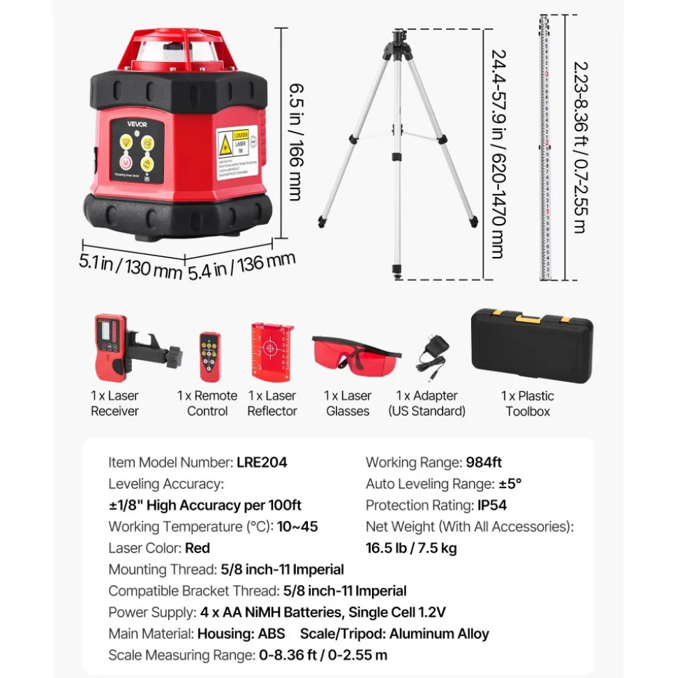 VEVOR Rotary Laser Level Kit, 984ft 360-Degree Self Leveling Red Horizontal Laser Transit,with Tripod,Receiver,Remote Control, Scale, Toolcase, IP54 Waterproof, 0.12in/100ft Precision for Construction