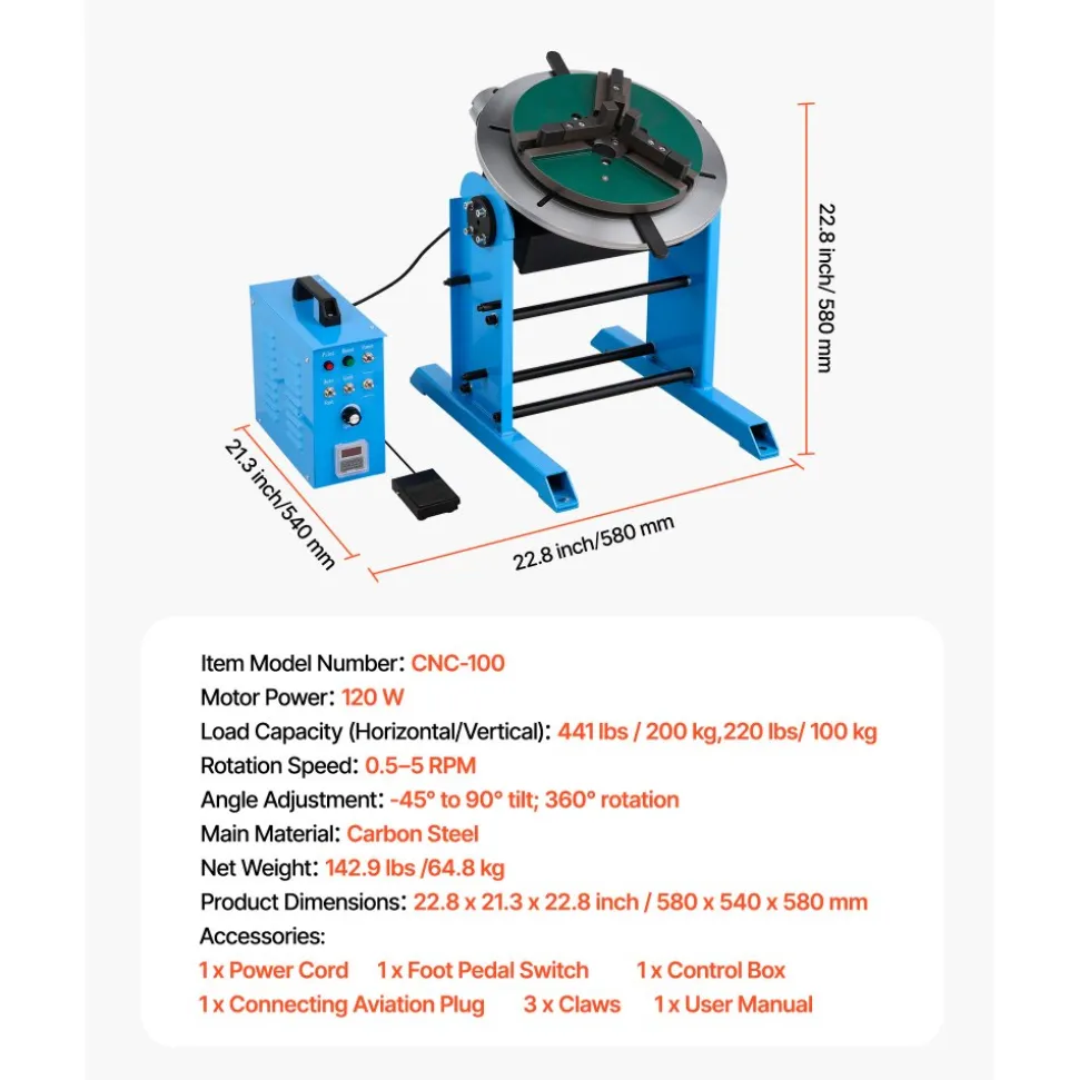 VEVOR Rotary Welding Positioner, 441 lbs Load Capacity, -45° to 90° Tilt Angle Welding Positioner Turntable Table, 0.5-5 RPM Speed Control, Electric and Foot Pedal, for Cutting, Grinding, Assembly