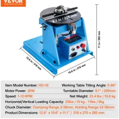 VEVOR Rotary Welding Positioner 10KG, 0-90° Welding Positioning Turntable Table with 8.1 Inch 3-Jaw Lathe Chuck, 1-12 RPM 20W Portable Welder Positioning Machine for Cutting Grinding Assembly Testing