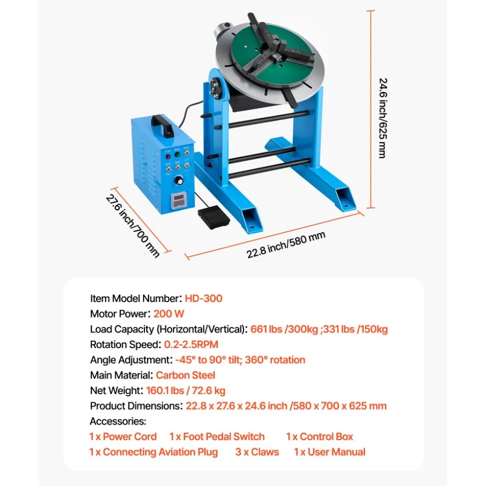 VEVOR Rotary Welding Positioner, 661 lbs Load Capacity, -45° to 90° Tilt Angle Welding Positioner Turntable Table, 0.2-2.5 RPM Speed Control, Electric and Foot Pedal, for Cutting, Grinding, Assembly