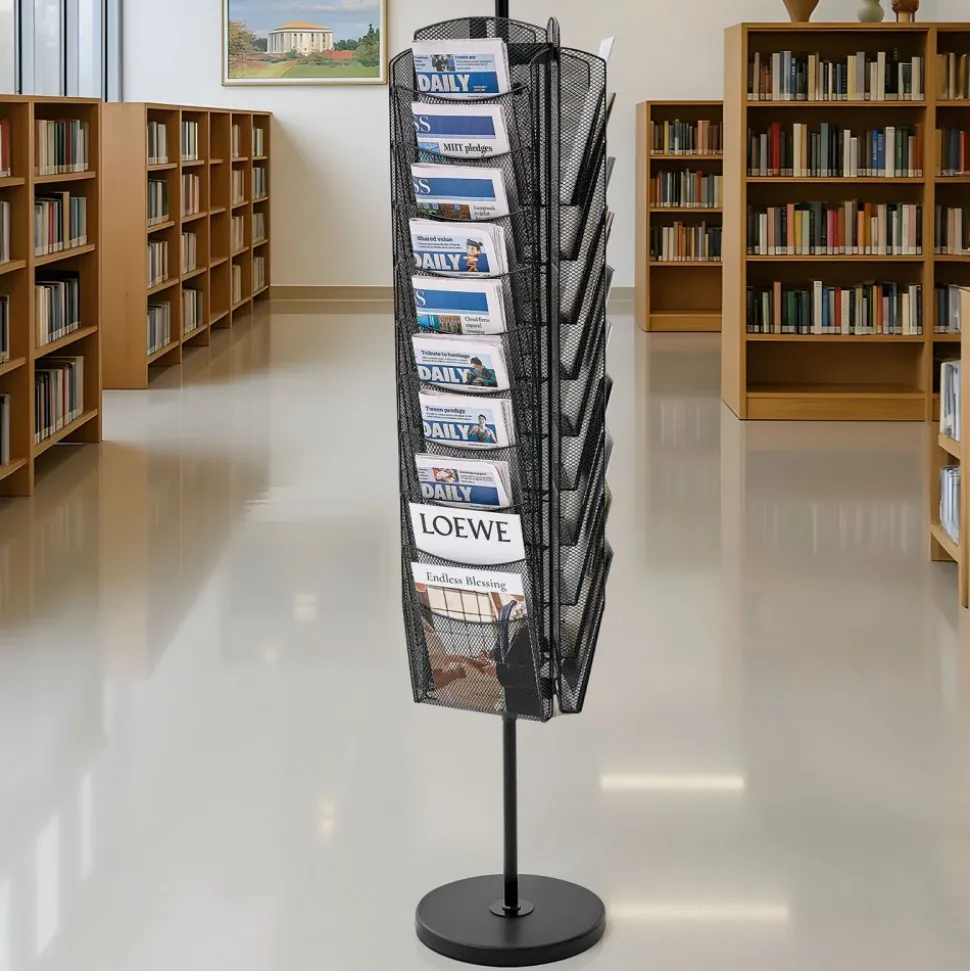 VEVOR Rotating Brochure Display Rack, 30 Pockets Mesh Magazine Literature Display Stand, Portable Floor Standing Magazine Rack, Metal Newspaper Catalog Holders for Shop Exhibitions Office Trade Show