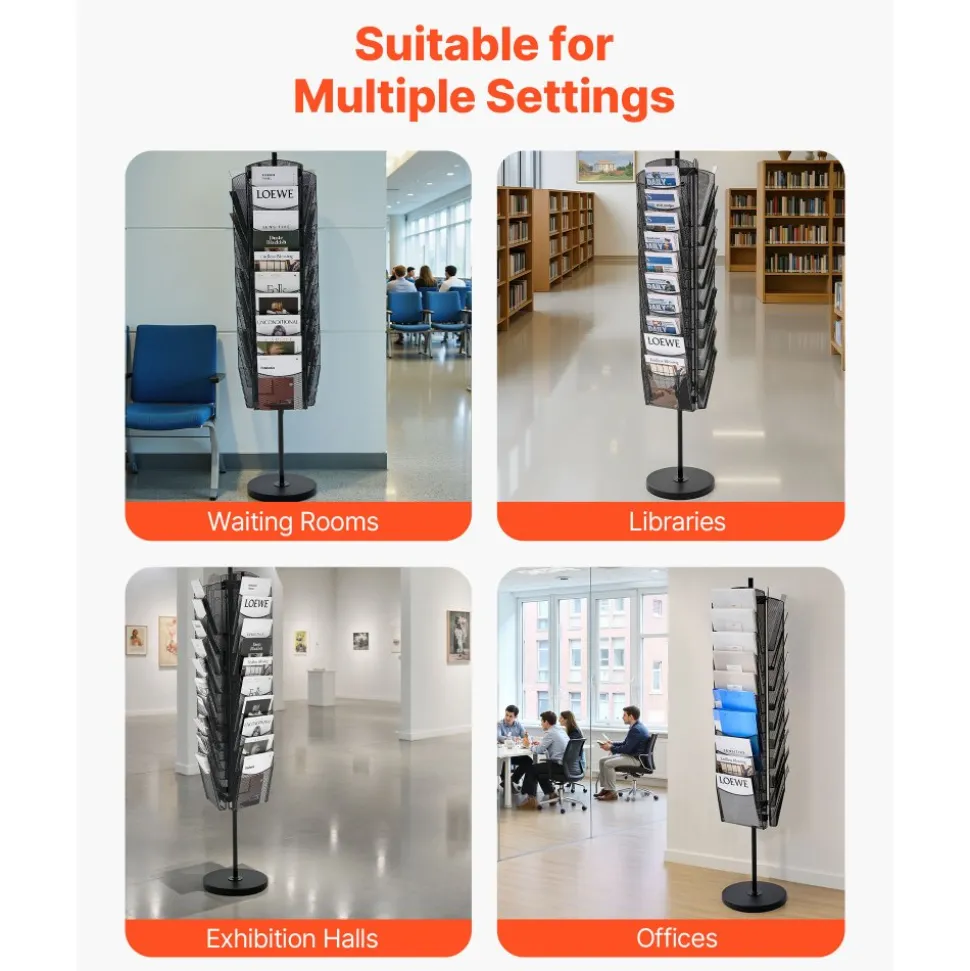 VEVOR Rotating Brochure Display Rack, 30 Pockets Mesh Magazine Literature Display Stand, Portable Floor Standing Magazine Rack, Metal Newspaper Catalog Holders for Shop Exhibitions Office Trade Show