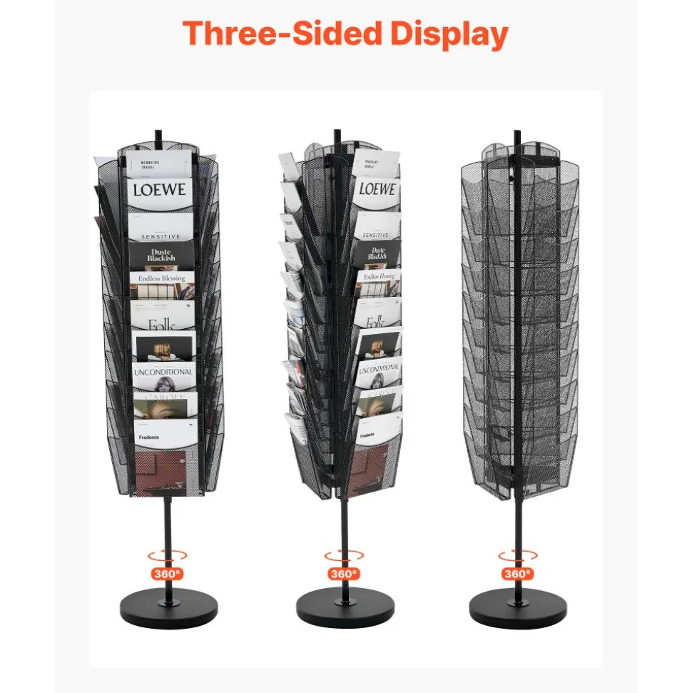 VEVOR Rotating Brochure Display Rack, 30 Pockets Mesh Magazine Literature Display Stand, Portable Floor Standing Magazine Rack, Metal Newspaper Catalog Holders for Shop Exhibitions Office Trade Show