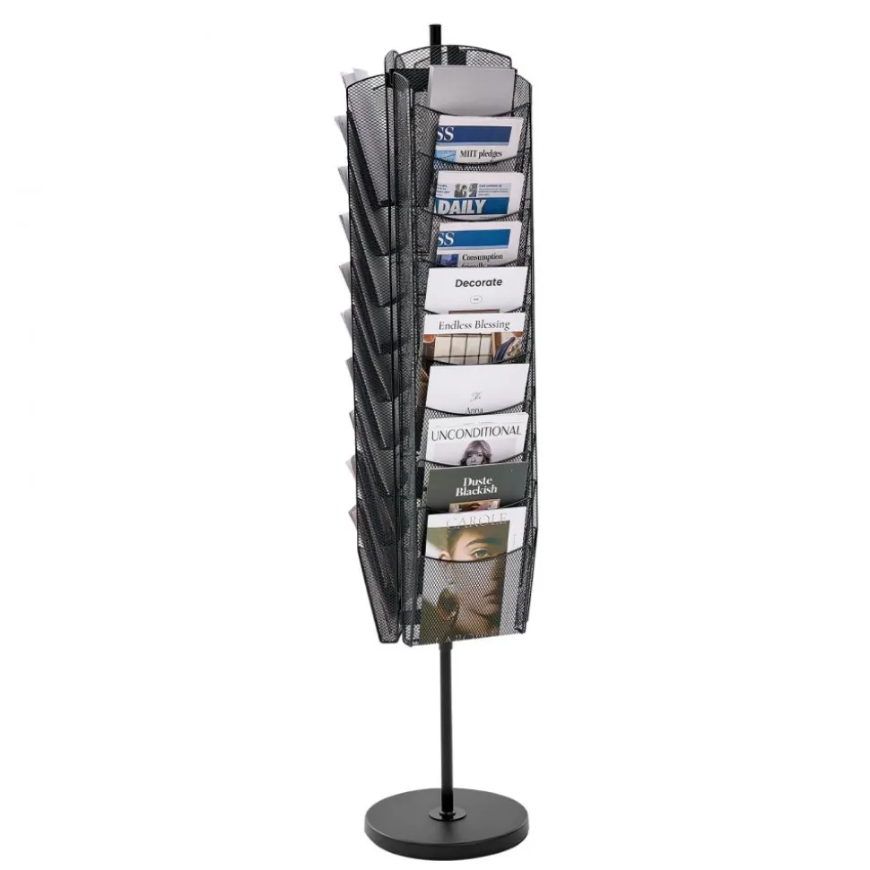 VEVOR Rotating Brochure Display Rack, 30 Pockets Mesh Magazine Literature Display Stand, Portable Floor Standing Magazine Rack, Metal Newspaper Catalog Holders for Shop Exhibitions Office Trade Show