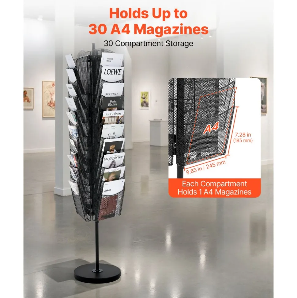 VEVOR Rotating Brochure Display Rack, 30 Pockets Mesh Magazine Literature Display Stand, Portable Floor Standing Magazine Rack, Metal Newspaper Catalog Holders for Shop Exhibitions Office Trade Show