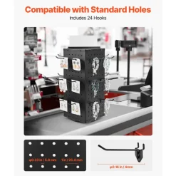 VEVOR Rotating Pegboard Display Stand, 7.4 x 7.4 x 17 in 4-Sided Spinning Peg Board Display with 24 Hooks, Thickened Cold-Rolled Steel Craft Rack Organizer for Grocery Retail Store Jewelry Shop, Black