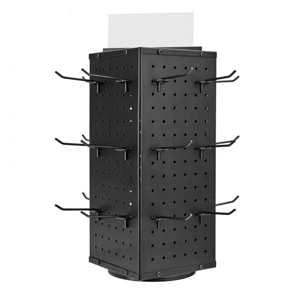 VEVOR Rotating Pegboard Display Stand, 7.4 x 7.4 x 17 in 4-Sided Spinning Peg Board Display with 24 Hooks, Thickened Cold-Rolled Steel Craft Rack Organizer for Grocery Retail Store Jewelry Shop, Black