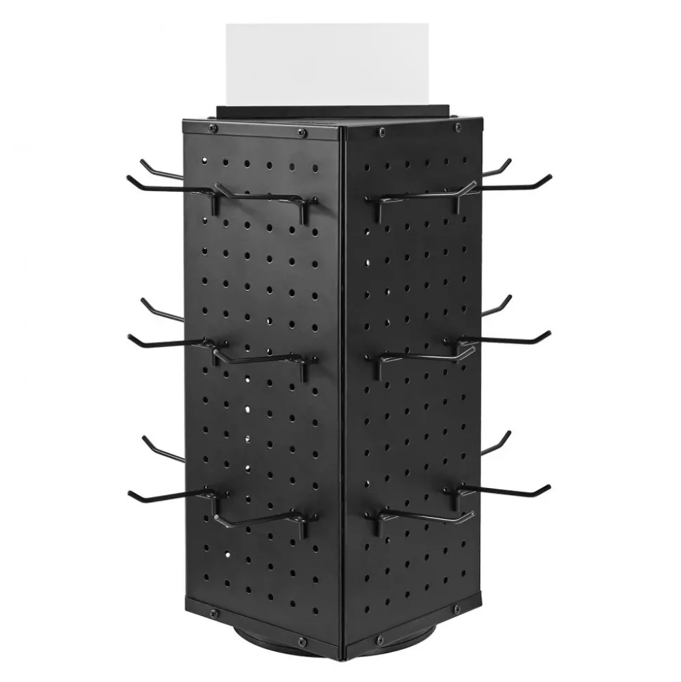 VEVOR Rotating Pegboard Display Stand, 7.4 x 7.4 x 17 in 4-Sided Spinning Peg Board Display with 24 Hooks, Thickened Cold-Rolled Steel Craft Rack Organizer for Grocery Retail Store Jewelry Shop, Black