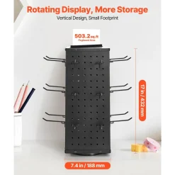 VEVOR Rotating Pegboard Display Stand, 7.4 x 7.4 x 17 in 4-Sided Spinning Peg Board Display with 24 Hooks, Thickened Cold-Rolled Steel Craft Rack Organizer for Grocery Retail Store Jewelry Shop, Black