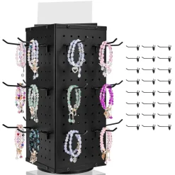 VEVOR Rotating Pegboard Display Stand, 7.4 x 7.4 x 17 in 4-Sided Spinning Peg Board Display with 24 Hooks, Thickened Cold-Rolled Steel Craft Rack Organizer for Grocery Retail Store Jewelry Shop, Black