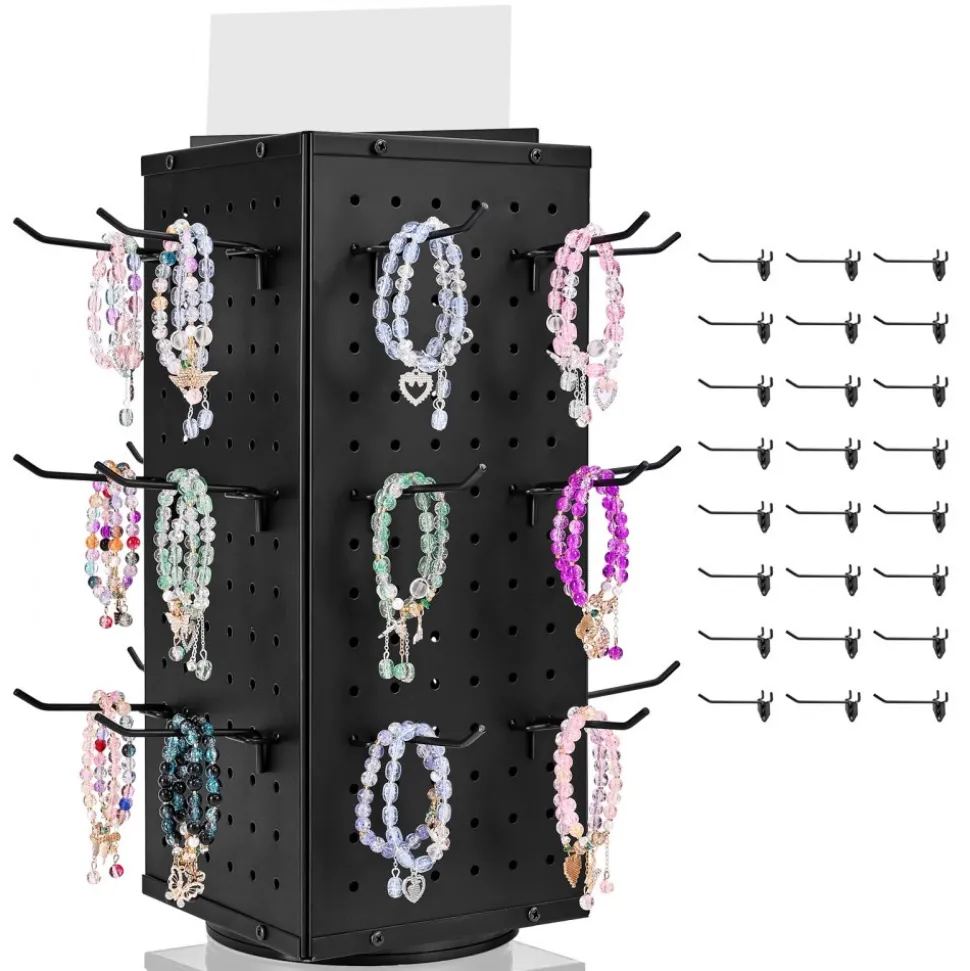 VEVOR Rotating Pegboard Display Stand, 7.4 x 7.4 x 17 in 4-Sided Spinning Peg Board Display with 24 Hooks, Thickened Cold-Rolled Steel Craft Rack Organizer for Grocery Retail Store Jewelry Shop, Black