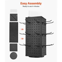 VEVOR Rotating Pegboard Display Stand, 7.4 x 7.4 x 17 in 4-Sided Spinning Peg Board Display with 24 Hooks, Thickened Cold-Rolled Steel Craft Rack Organizer for Grocery Retail Store Jewelry Shop, Black