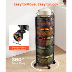 VEVOR Rotating Storage Rack Cart, 5 Tier Fruit and Vegetable Basket Bowls, Heavy Duty Wire Basket Organizer on Wheels, Large Capacity Stand with Metal Top Lid, for Kitchen Bathroom Nursery, Black