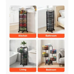 VEVOR Rotating Storage Rack Cart, 5 Tier Fruit and Vegetable Basket Bowls, Heavy Duty Wire Basket Organizer on Wheels, Large Capacity Stand with Metal Top Lid, for Kitchen Bathroom Nursery, Black