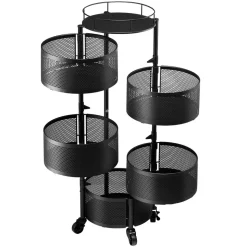 VEVOR Rotating Storage Rack Cart, 5 Tier Fruit and Vegetable Basket Bowls, Heavy Duty Wire Basket Organizer on Wheels, Large Capacity Stand with Metal Top Lid, for Kitchen Bathroom Nursery, Black