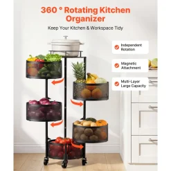 VEVOR Rotating Storage Rack Cart, 5 Tier Fruit and Vegetable Basket Bowls, Heavy Duty Wire Basket Organizer on Wheels, Large Capacity Stand with Metal Top Lid, for Kitchen Bathroom Nursery, Black