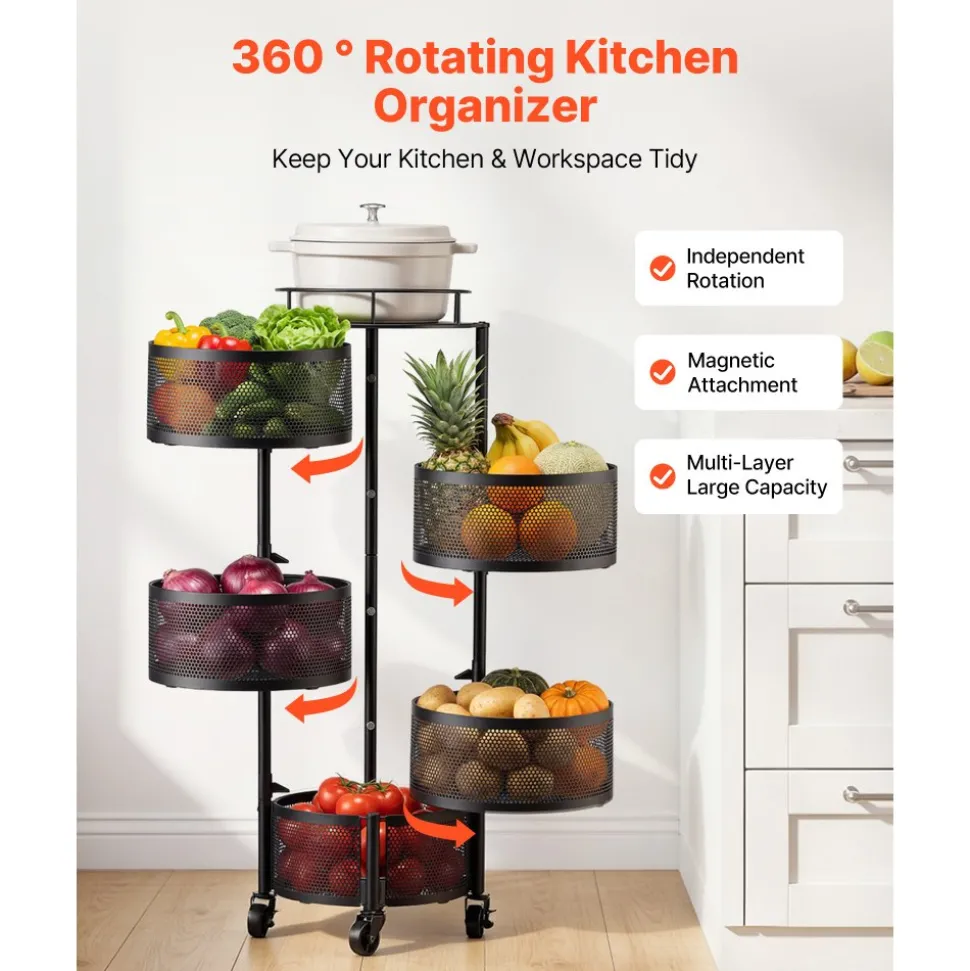 VEVOR Rotating Storage Rack Cart, 5 Tier Fruit and Vegetable Basket Bowls, Heavy Duty Wire Basket Organizer on Wheels, Large Capacity Stand with Metal Top Lid, for Kitchen Bathroom Nursery, Black