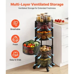 VEVOR Rotating Storage Rack Cart, 5 Tier Fruit and Vegetable Basket Bowls, Heavy Duty Wire Basket Organizer on Wheels, Large Capacity Stand with Metal Top Lid, for Kitchen Bathroom Nursery, Black