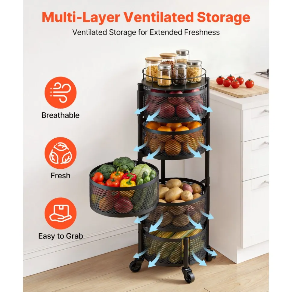 VEVOR Rotating Storage Rack Cart, 5 Tier Fruit and Vegetable Basket Bowls, Heavy Duty Wire Basket Organizer on Wheels, Large Capacity Stand with Metal Top Lid, for Kitchen Bathroom Nursery, Black