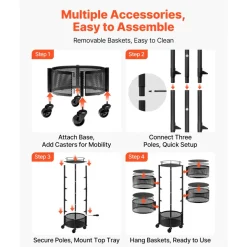 VEVOR Rotating Storage Rack Cart, 5 Tier Fruit and Vegetable Basket Bowls, Heavy Duty Wire Basket Organizer on Wheels, Large Capacity Stand with Metal Top Lid, for Kitchen Bathroom Nursery, Black