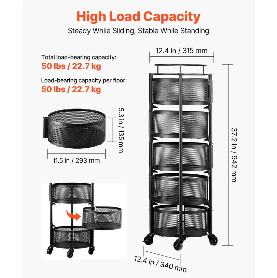 VEVOR Rotating Storage Rack Cart, 5 Tier Fruit and Vegetable Basket Bowls, Heavy Duty Wire Basket Organizer on Wheels, Large Capacity Stand with Metal Top Lid, for Kitchen Bathroom Nursery, Black