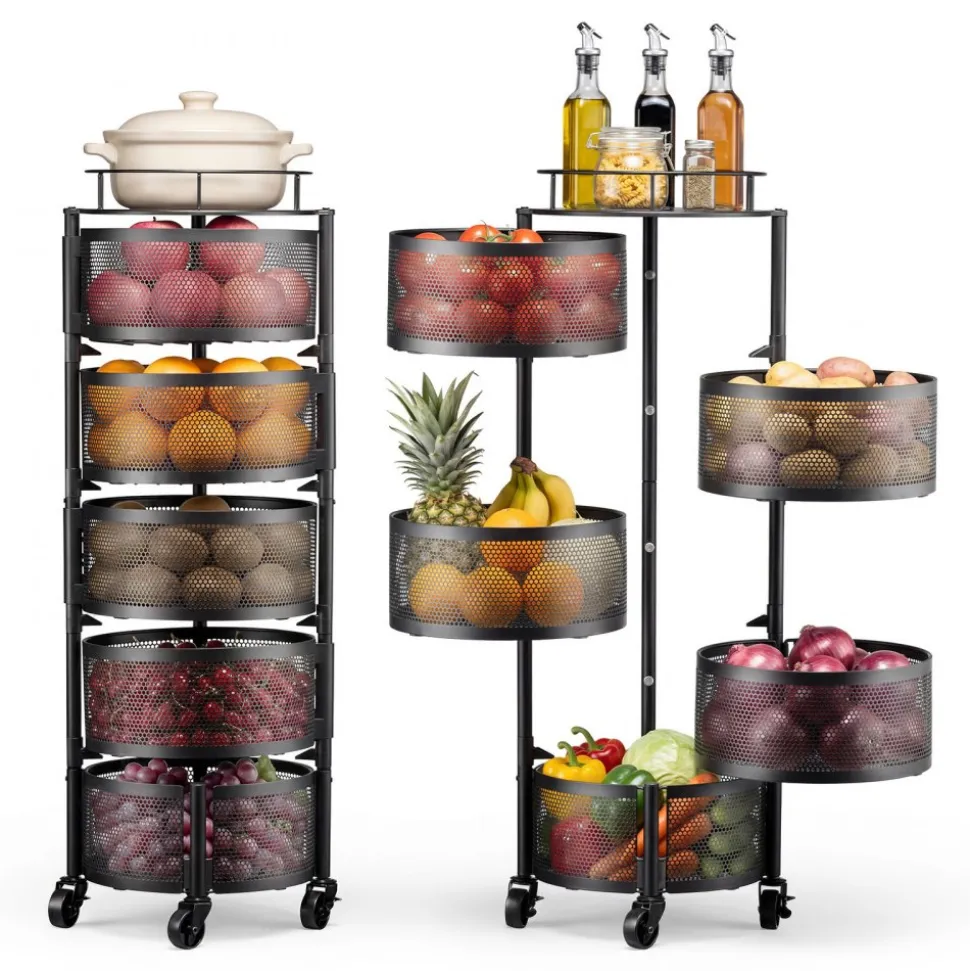 VEVOR Rotating Storage Rack Cart, 5 Tier Fruit and Vegetable Basket Bowls, Heavy Duty Wire Basket Organizer on Wheels, Large Capacity Stand with Metal Top Lid, for Kitchen Bathroom Nursery, Black