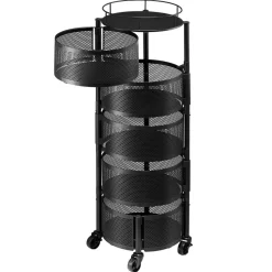 VEVOR Rotating Storage Rack Cart, 5 Tier Fruit and Vegetable Basket Bowls, Heavy Duty Wire Basket Organizer on Wheels, Large Capacity Stand with Metal Top Lid, for Kitchen Bathroom Nursery, Black