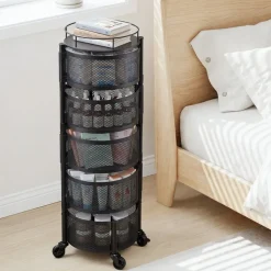 VEVOR Rotating Storage Rack Cart, 5 Tier Fruit and Vegetable Basket Bowls, Heavy Duty Wire Basket Organizer on Wheels, Large Capacity Stand with Metal Top Lid, for Kitchen Bathroom Nursery, Black