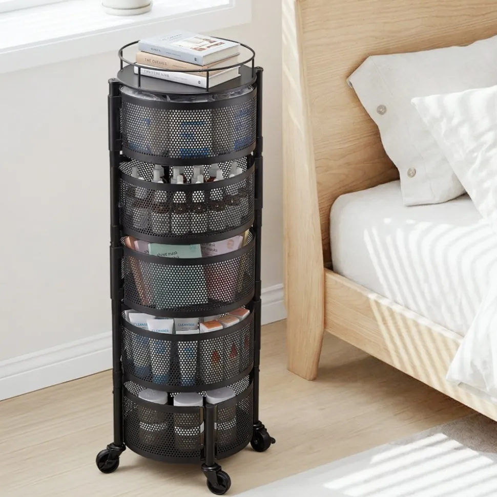 VEVOR Rotating Storage Rack Cart, 5 Tier Fruit and Vegetable Basket Bowls, Heavy Duty Wire Basket Organizer on Wheels, Large Capacity Stand with Metal Top Lid, for Kitchen Bathroom Nursery, Black