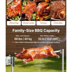 VEVOR Rotisserie Grill, AC120V 8 Level Height Electric Rotisserie Grill Kit, BBQ Grills Rotisseries Kit with 132 lbs Load Capacity, 38W Motor, Stainless Steel Automatic Grilling Kits for Parties