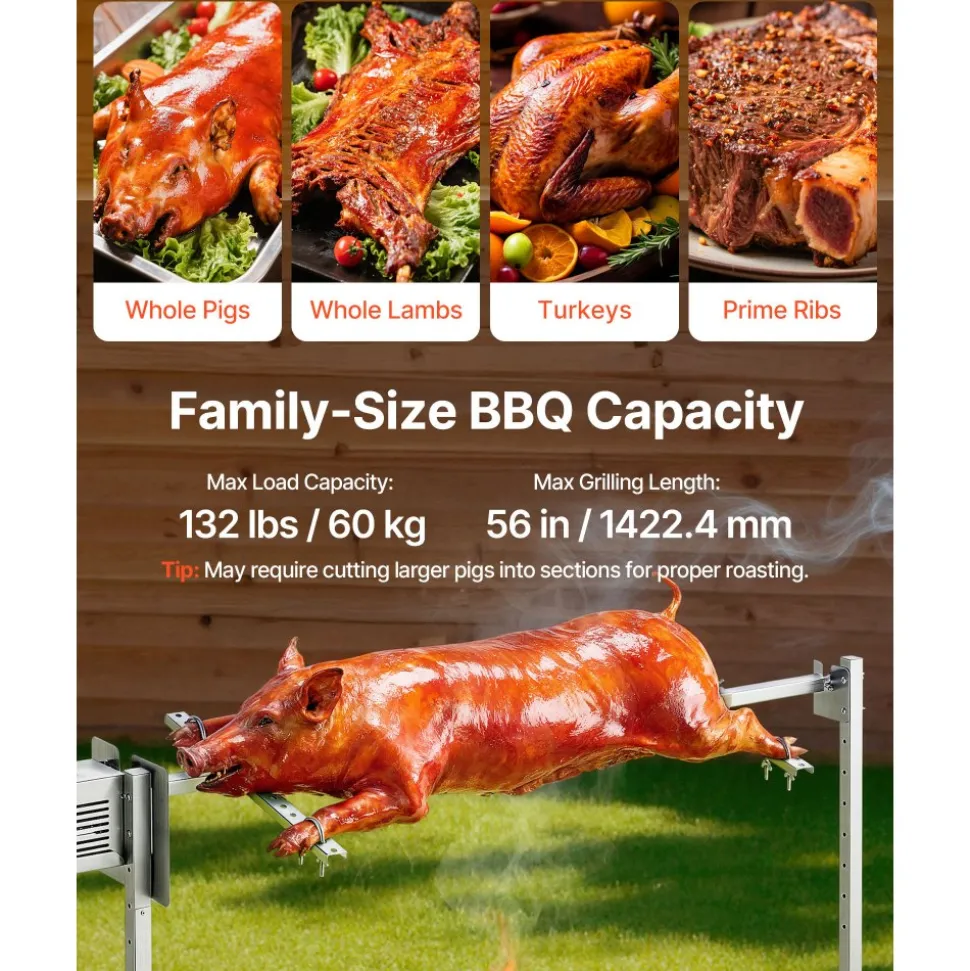 VEVOR Rotisserie Grill, AC120V 8 Level Height Electric Rotisserie Grill Kit, BBQ Grills Rotisseries Kit with 132 lbs Load Capacity, 38W Motor, Stainless Steel Automatic Grilling Kits for Parties